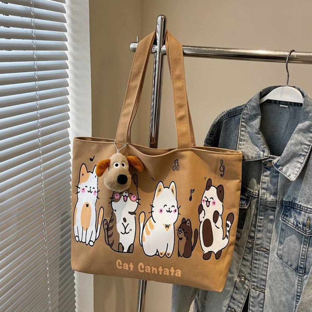 Cute Cartoon Canvas Bag for Women Large Capacity Versatile Shoulder Bag Casual Handbag Commuting Tote Bag Cat Shoulder Bag