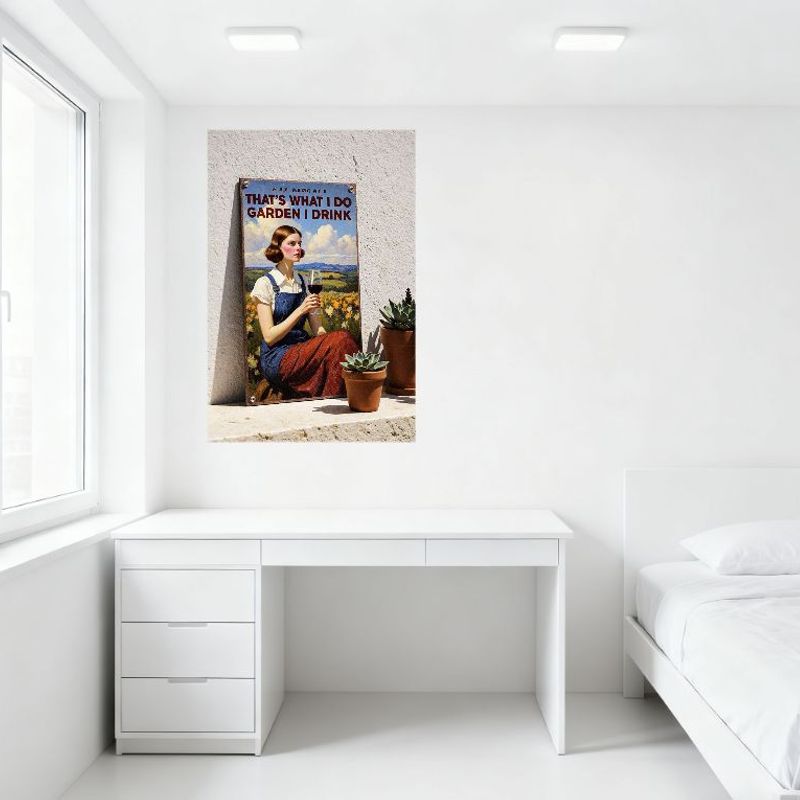 Vintage 'A.J. HERRING'S' Metal Sign, That's What I Do - Garden & Drink, Woman with Wine Glass & Flowers, Retro Wall Decor for Ba
