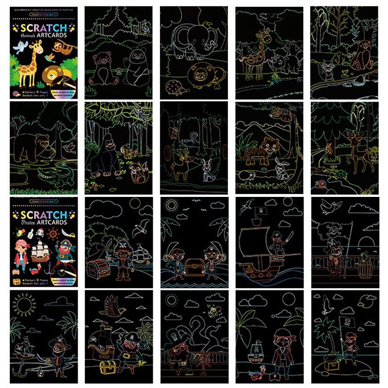 18 PCS Scratch Painting Papers Magic Rainbow Colored Drawing Set Space Animal Ocean Pirate Bamboo Stick Gifts for Boys Girls ZYF