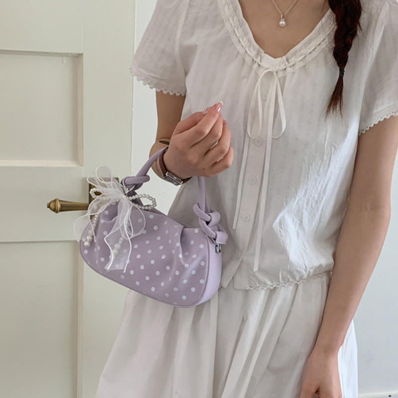 Korean Retro Polka Dot Handbag Pleated Stylish Pillow Bag Pearl Mesh Bow Charm Magnetic Closure Exquisite Compact Crossbody Bag
