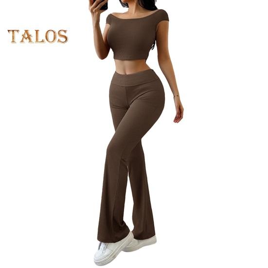 

Женский комплект из 2 предметов для отдыха, укороченный топ с короткими рукавами и высокой талией, расклешенные брюки, спортивный костюм, повседневный спортивный костюм с расклешенными бретелями для занятий йогой и фитнесом XL коричневый