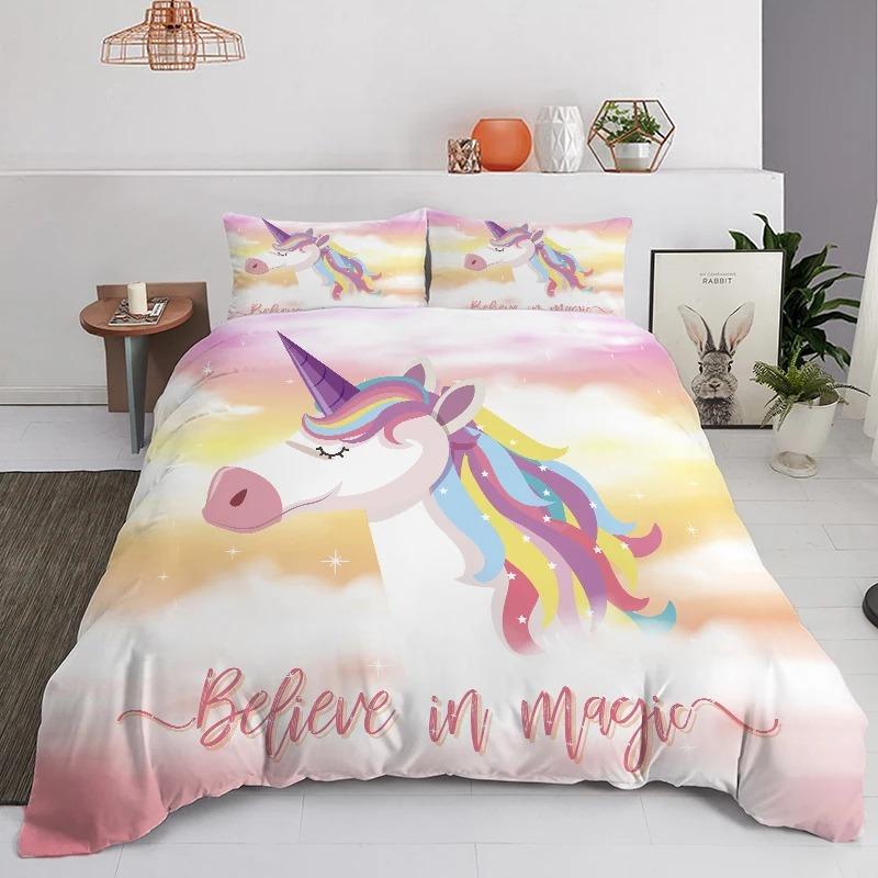 Rainbow Unicorn Cartoon Bedding Set Set 100% Polyester 3D Digital Printing Set Quilt Cover Pillowcase Soft Set Children Gift