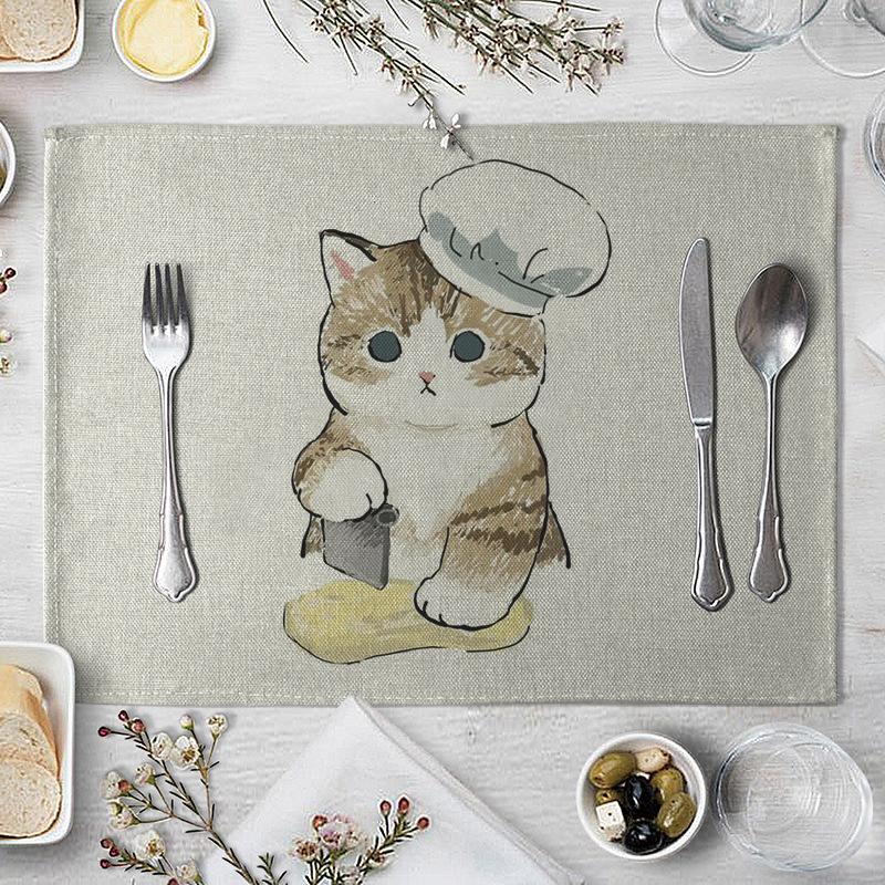 1 Pcs Dining Table Mats Cute Funny Cat Pattern Kitchen Placemat Drink Coasters Western Pad Cotton Linen Cup Mat Table Dining