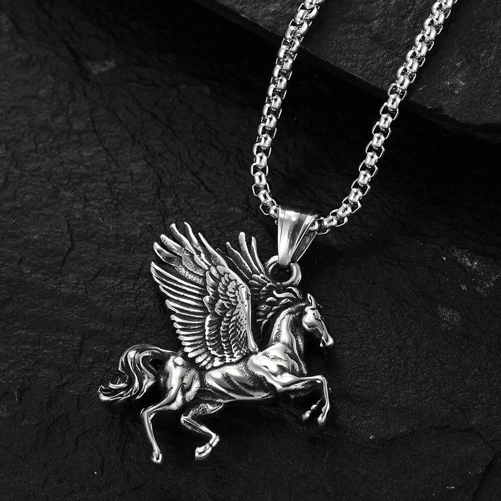 Vintage Greek Titanium Steel Double Wing Unicorn Necklace Men and Women Pendant Accessories Party Punk Holiday Gift Jewelry
