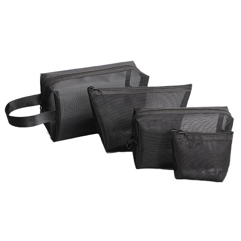 Thick Black Nylon Mesh Makeup Bag: Portable Women's Skincare and Lipstick Organizer