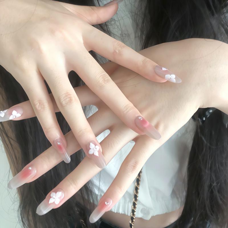 2026 Pure Desire Nude Blush Press-On Nails with 3D Flower Rhinestones & Whitening Handmade Nail Art Stickers