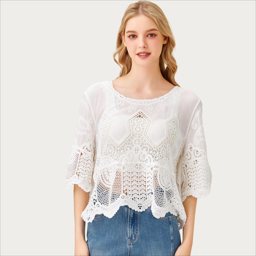 DIMANAF 2025 New Short T-Shirt Women Knitting Lace O-Neck Hollow Summer Style Basic Tops Tees Loose Clothing