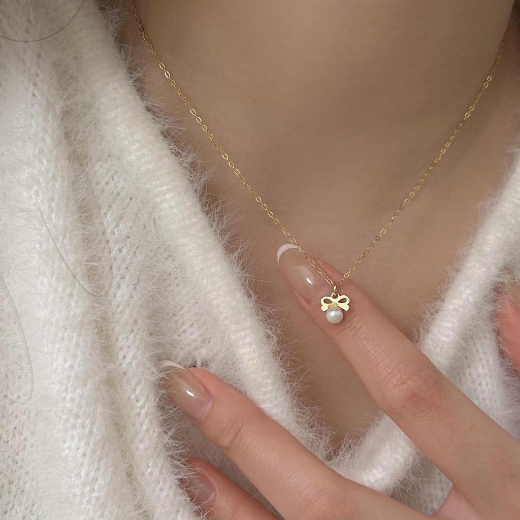 Collana con Ciondolo Fiocco e Perla Sintetica in Argento Sterling 925 Coreano per Donna Gioielli Squisiti Carini per Feste