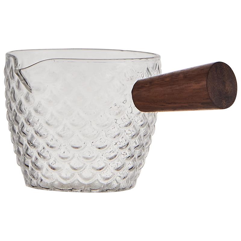 Glass Espresso Bean Measuring Cup with Double Spout, Wooden Handle, and Small Milk Jug