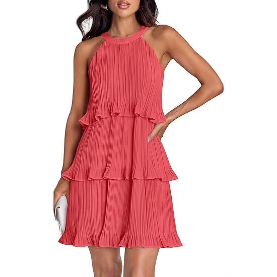 2026 European Sleeveless Patchwork Pleated Hem Women s Dress XXXL