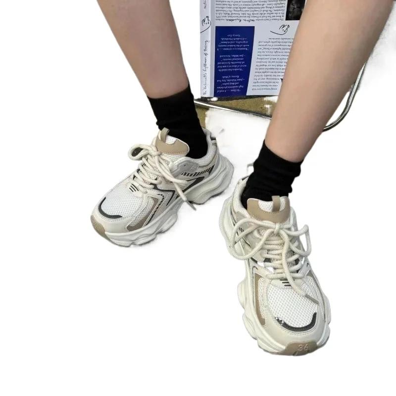 Size 34-40 Women Sneakers Leather Mesh High Heels For Women Casual Lace Up Shoes Fashion Platform Shoes Trend