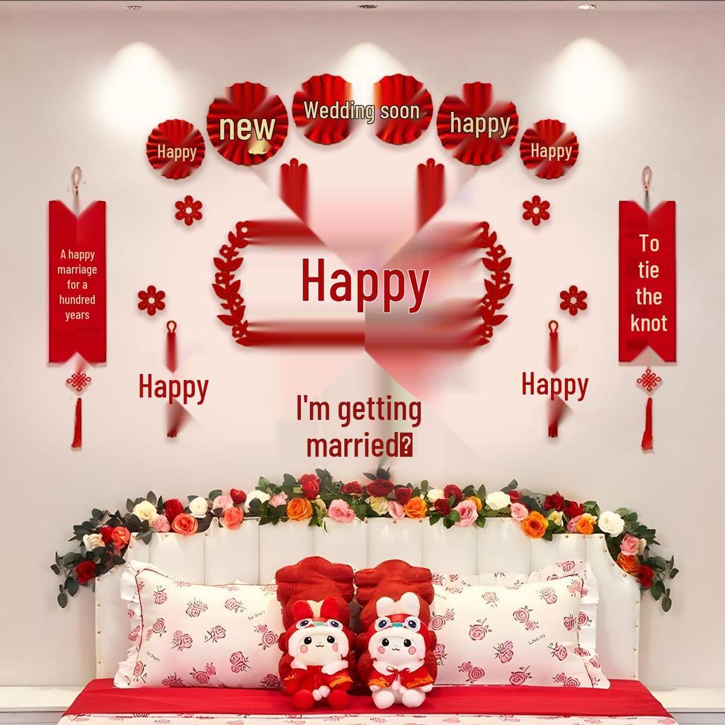 Wedding Room Decoration Set: Bride & Groom Double Happiness Garland for New House Bedhead Background Wall.