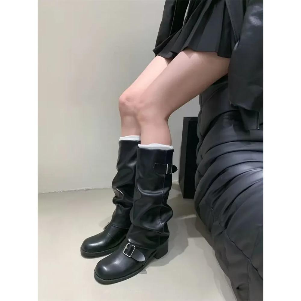 Damenstiefel Kniehoch Plateau Klobige Absätze Trend Punk Gothic New Rock Leder Mode Damenschuhe Motorradschuhe