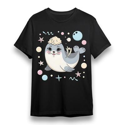 Damen T-Shirt mit frechem Seehund-Grafik Unisex Schwarz 100% Baumwolle Oversize Tee