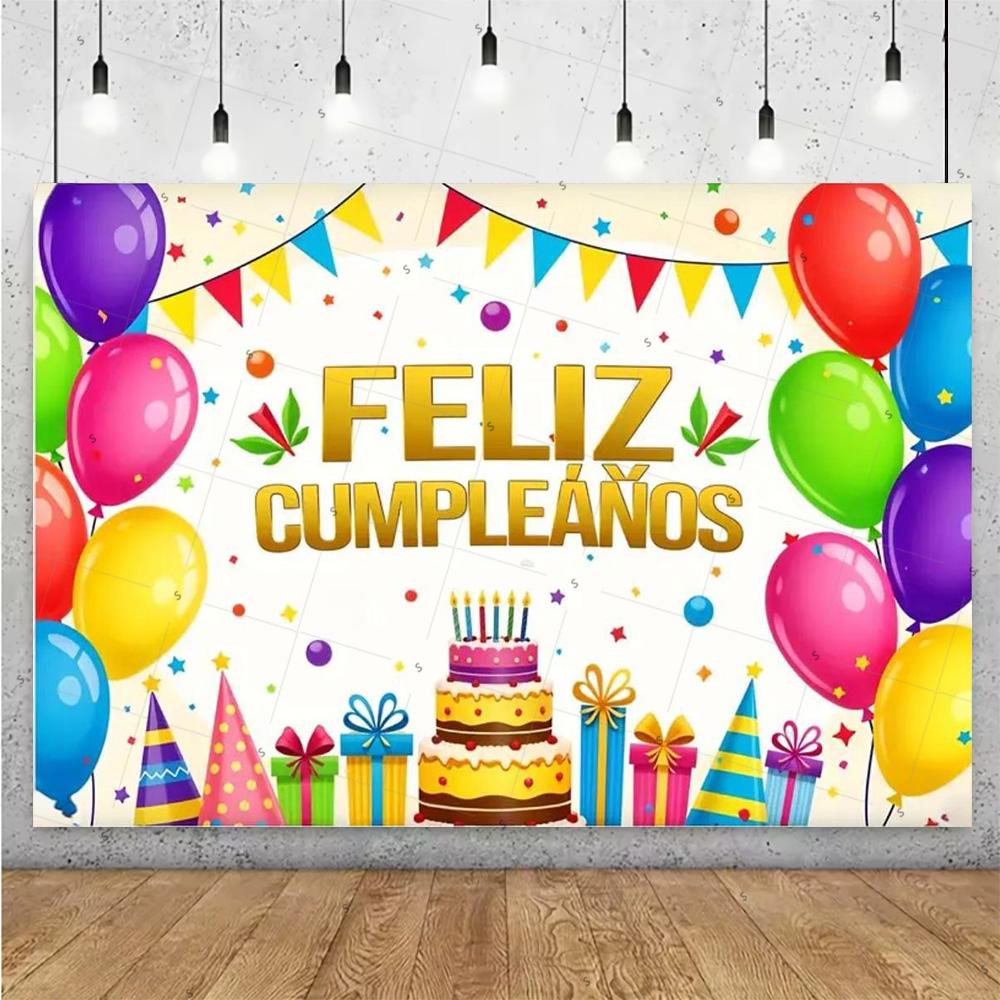 Happy Theme Background In Spanish, Party Decoration with Colored Globes, Background Banner, Gift for Children, Photo Session