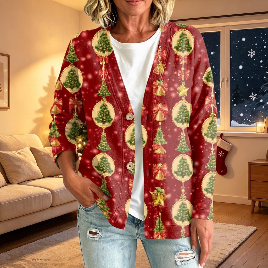 Women's Fashion Casual Button Front Christmas Print Coat