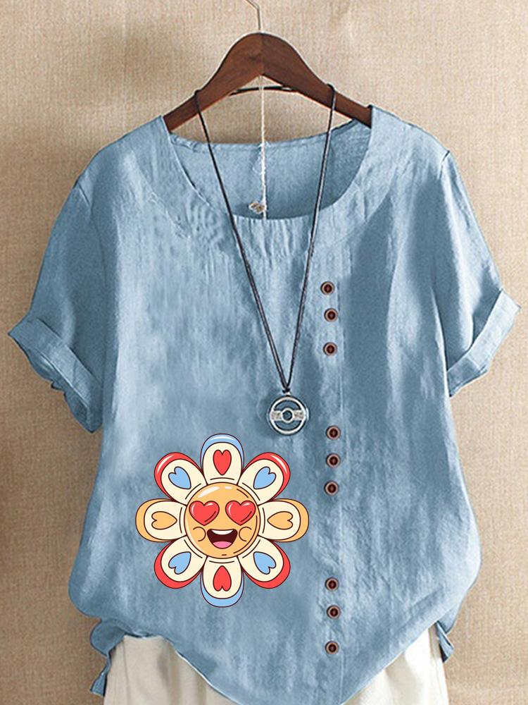 Women's Fashion Love Petal Print Round Neck Short Sleeve T-shirt Casual Cotton Linen Graphic Shirt Leisure Loose Summer Blouse Tops