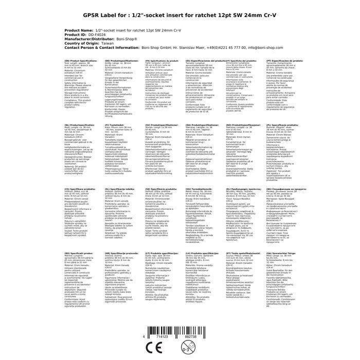 Douille 1/2 pouce 24mm Cr-V 12 pans pour Cliquet