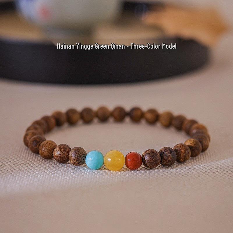 Hainan Green Qinan Agarwood Bracelet - Old Material Couple's Single Ring Buddhist Prayer Beads.