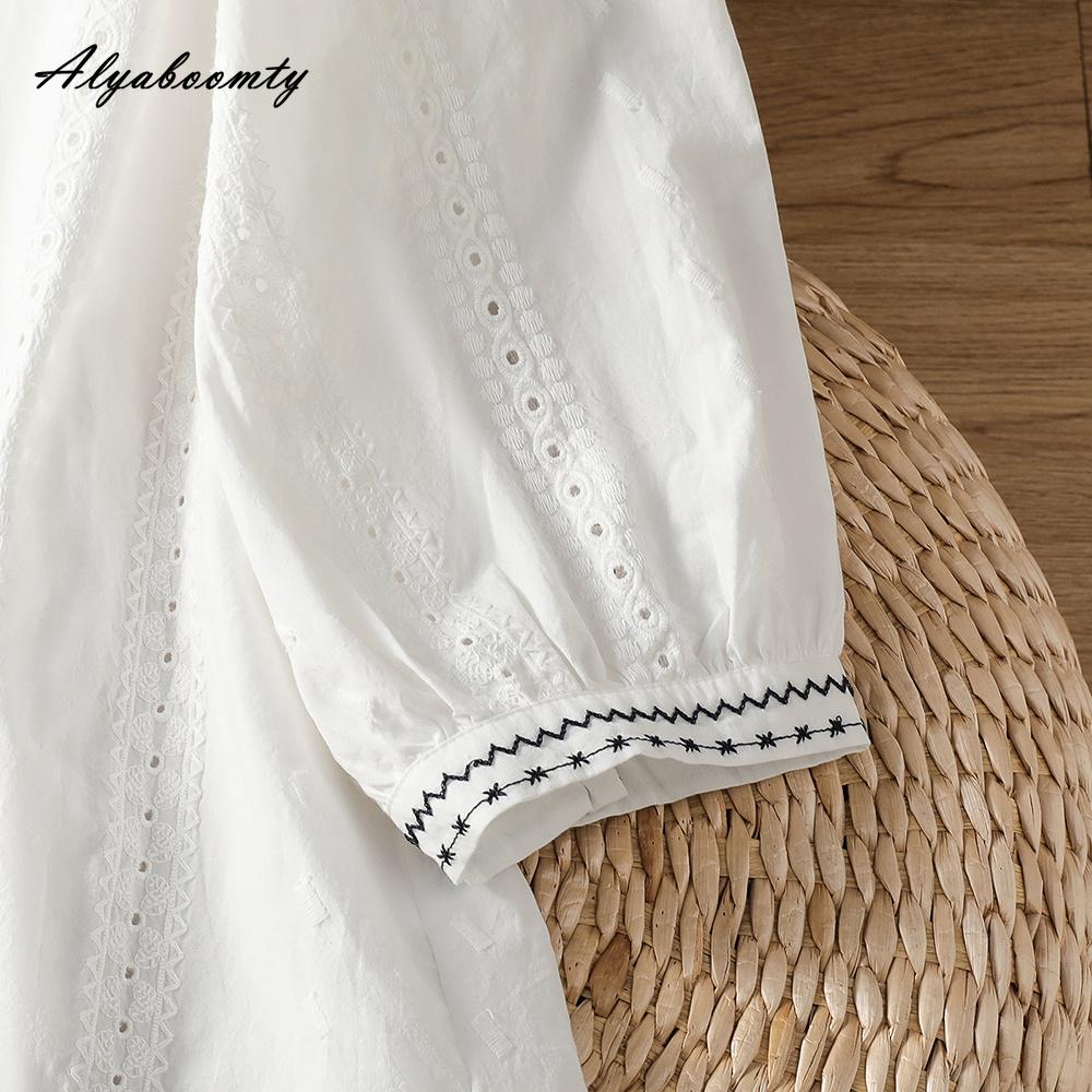 Korean Style Spring Summer Women White Blouse O Neck Hollow Out Embroidery Cotton Shirt Lantern Sleeve Elegant Feminine Blouse