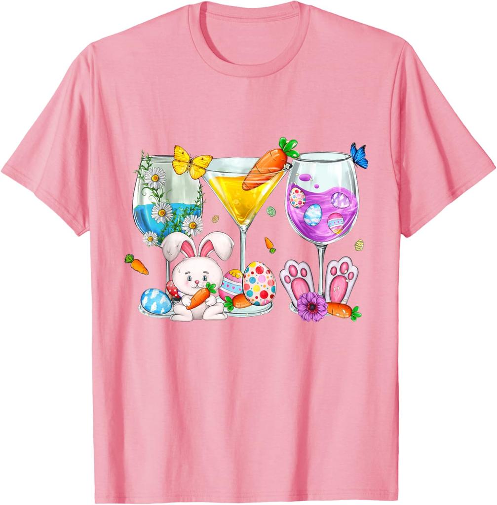 Easter Bunny Cocktail Glasses Wine Lover Martini Graphic T-Shirt Casual Daily Crew Neck Tee