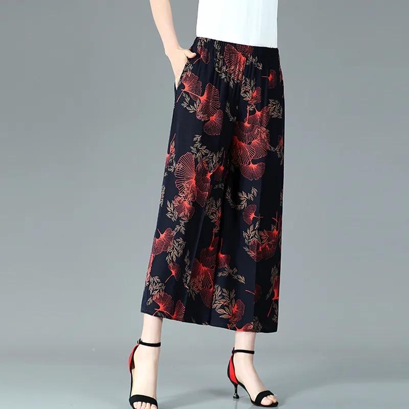 WTEMPO Cotton Hemp Blend Women Large Size Wide Leg Pants Mom High Waist Elastic Printed Thin Cropped Pants