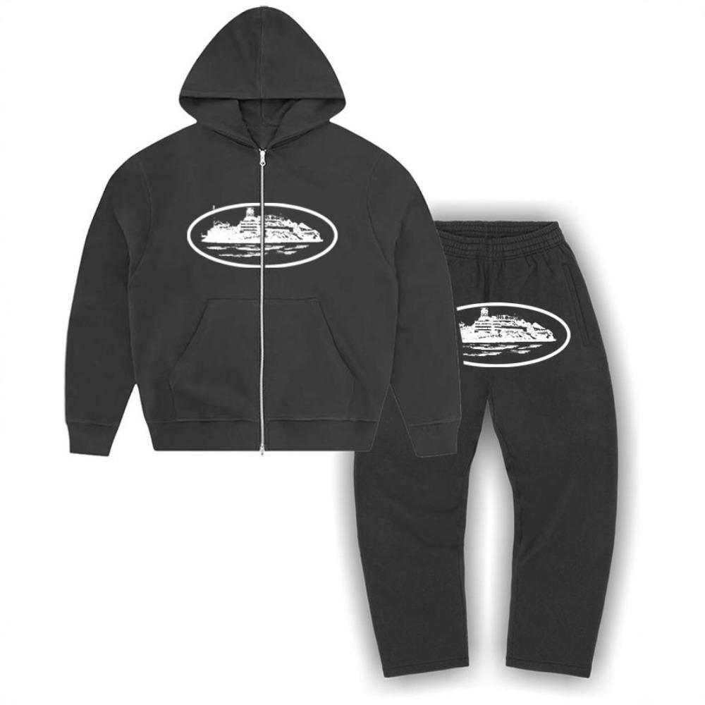 Corteiz Devil's Island Men's and Women's Sports Set New American High Street Casual Trendy Zipper Top Flat Pants