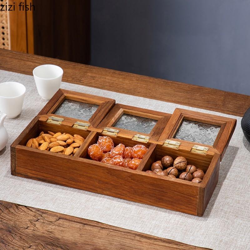 Solid Wood Storage Box Glass Lid Jewelry Boxes 3 Grids Snack Plate Dried Fruit Box Candy Boxes Jewelry Organizer Snack Trays