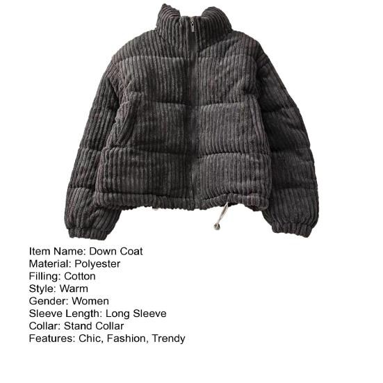 Damen Cord Pufferjacke Langarm Reißverschluss Gesteppt Daunenmantel Winter Verdickt Warm Gefüttert Oberbekleidung
