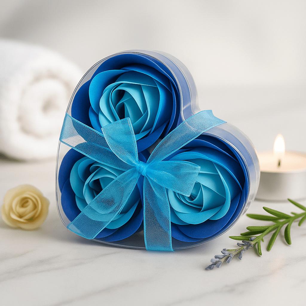 Soap Roses Heart Box Blue Set of 3