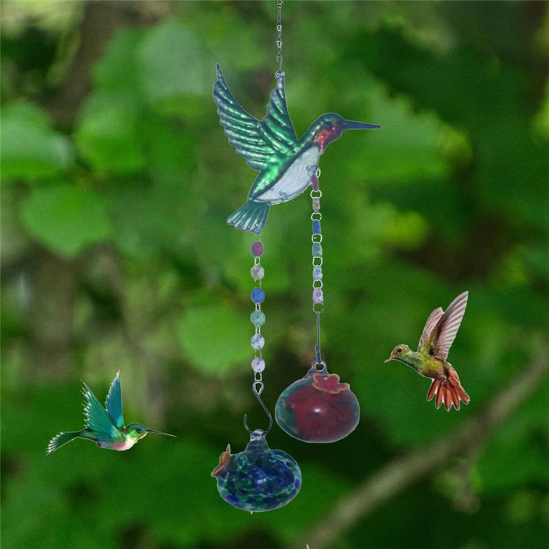 M-Modern-Stained Glass Feeder Wind Chime Bird Water Feeder To Feed Birds Durable Easy Install Easy To Use A