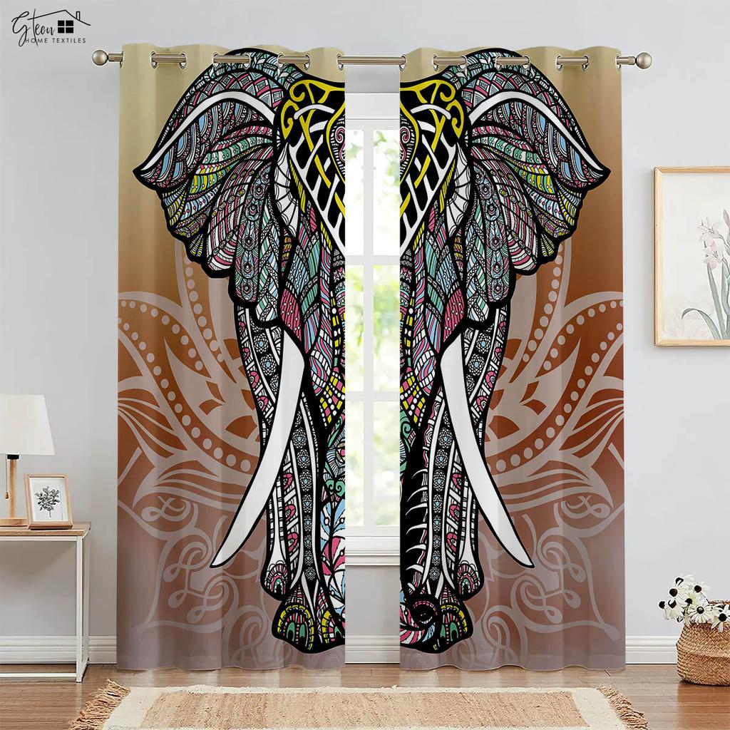 Elephant Pattern 3D Printed Curtains Nordic Style Live Background Homestay Bedroom Living Room Fortune Decoration Curtains 2PCS