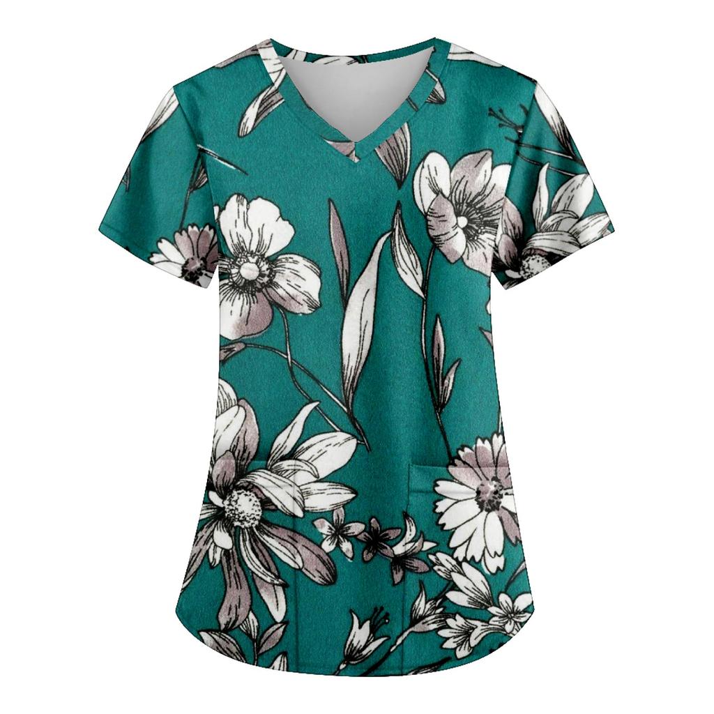 Modische bedruckte Damen-Arbeitsuniform mit Taschen-T-Shirt, kurzärmeliges Oberteil