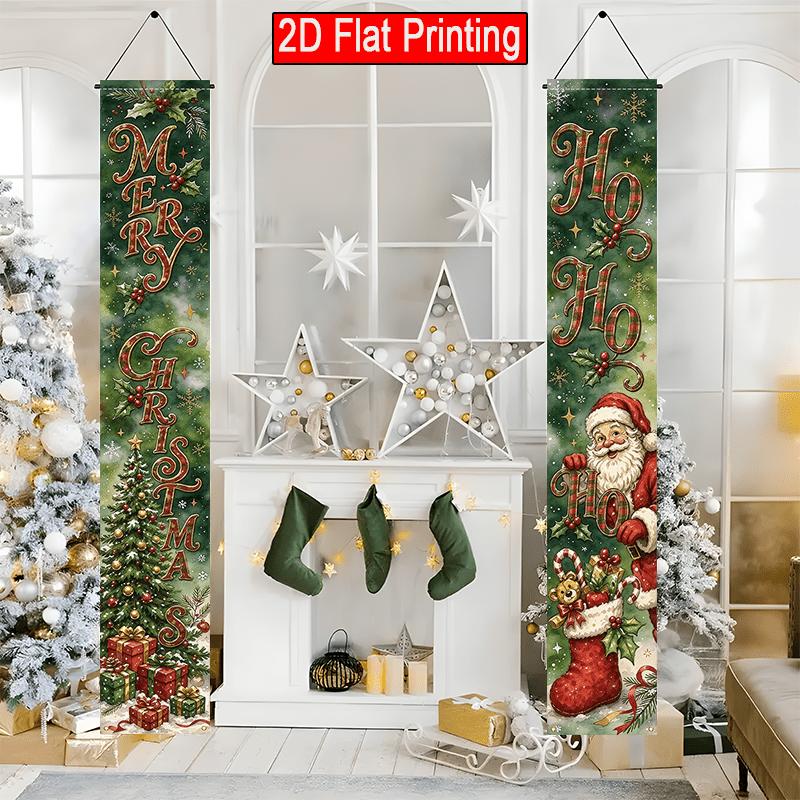 2D Flat - 2D Flat - 2pcs 2D Flat Banner Christmas, Santa Claus Socks Christmas Tree Holly Printing Design (3) Hanging Banners with Door Couplets, 30.4