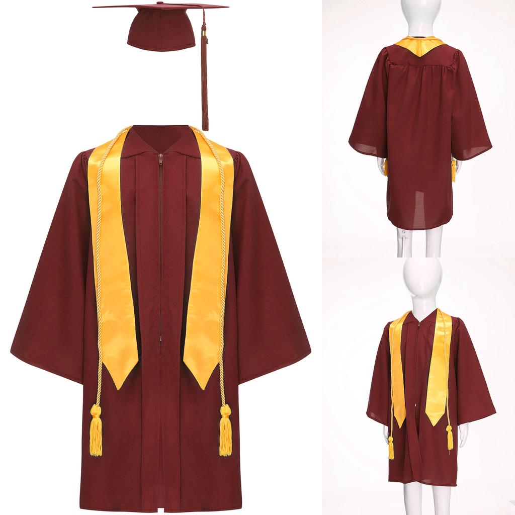 Unisex Kids Graduation Gown Set V Neck Long Sleeve Front Zipper Robe Academic Hat Stole Tassel Ceremony Outfit