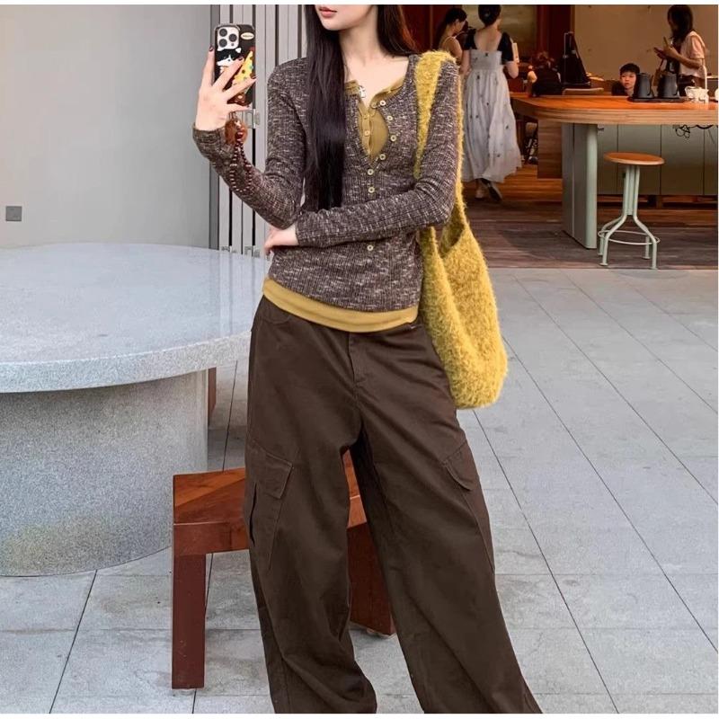 Fake Two-piece T-shirt for Women New Spring and Autumn Style Inner Knitted Sweater Slim Brown Top