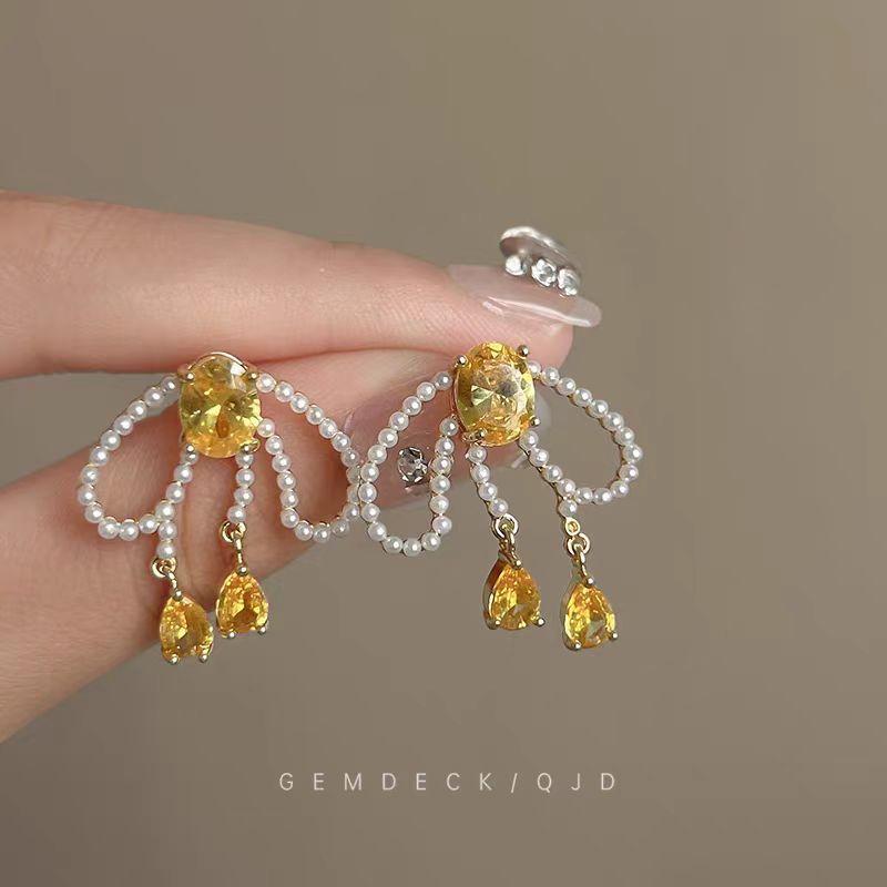 Lemon candy! Yellow zircon bow earrings! French temperament stud earrings