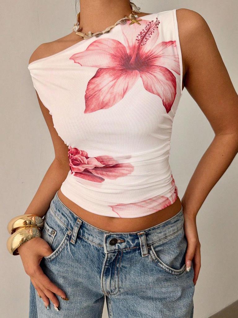 Women's One-Shoulder Ruched Slim T-Shirt - Casual Spring/Summer Fashion Top