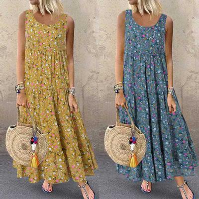 Women Plus Size Casual Loose Dress Sleeveless Floral Daily Linen Print Long Maxi Dress