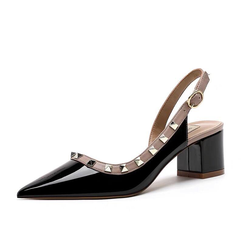 2024 Summer Mid-Heel Nude Pointed-Toe Studded Peep-Toe Chunky Heel Backless Sandals for Women