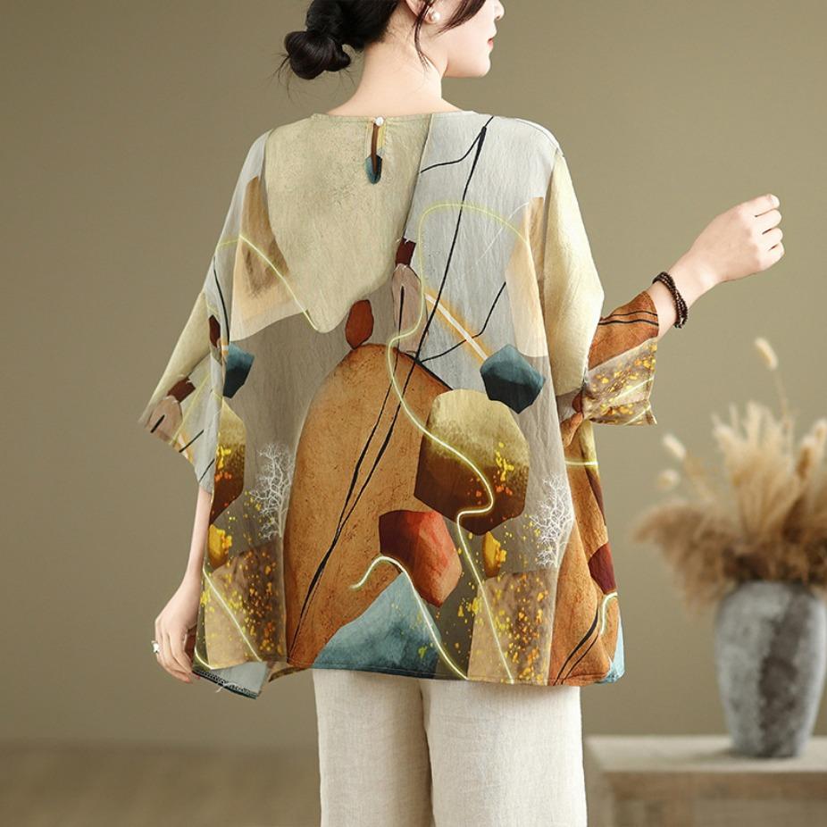 Summer Hemp Cotton Blouse Ethnic Style Bat Sleeve Loose Oversized Round Neck T-shirt Casual Comfortable for Women