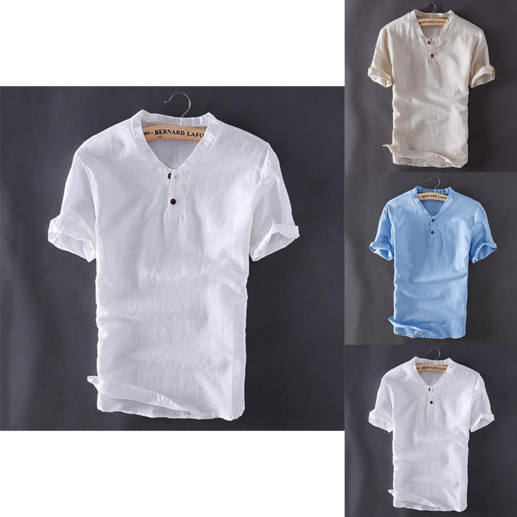 Premium Quality Usa Men's Pullover Linen Short Sleeves Shirts In Solid Cotton Fabric