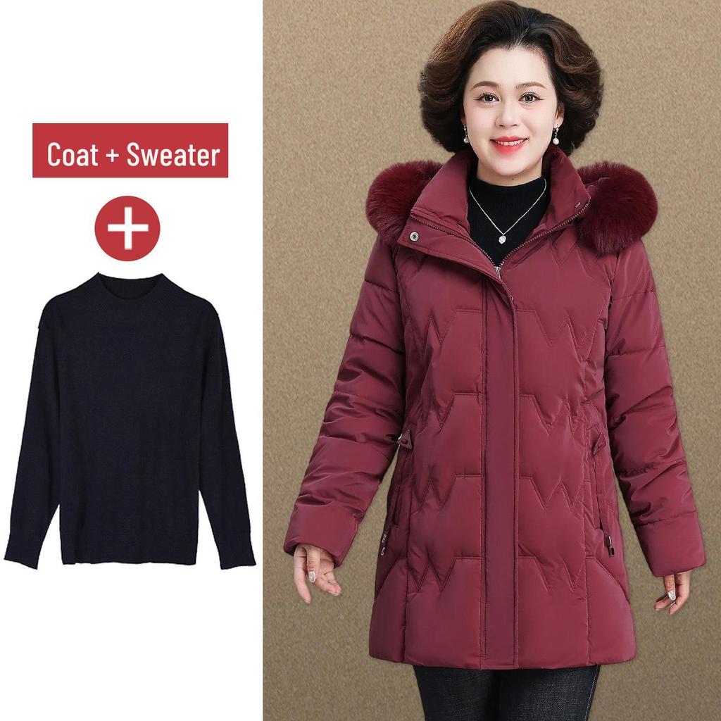 2025 Women's Stylish Hooded Mid-Length Winter Coat: Warm, Cotton-Padded Jacket for Middle-Aged and Elderly