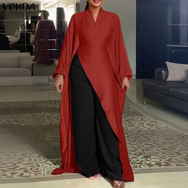 VONDA Plus Size Women Casual Loose V Neck Long Sleeve High Split Irregular Long Blouse Tops