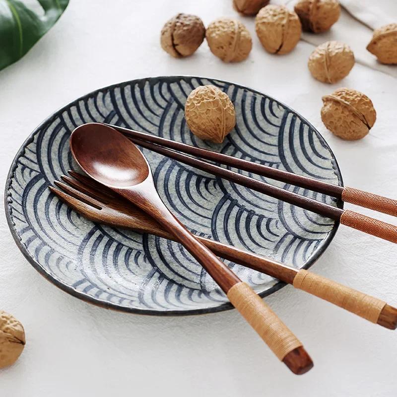 3Pcs Dinnerware Set Wooden Spoon Fork Chopsticks Set Dining Spoon and Fork Sushi Sticks Portable Wood Cutlery Japanese Tableware