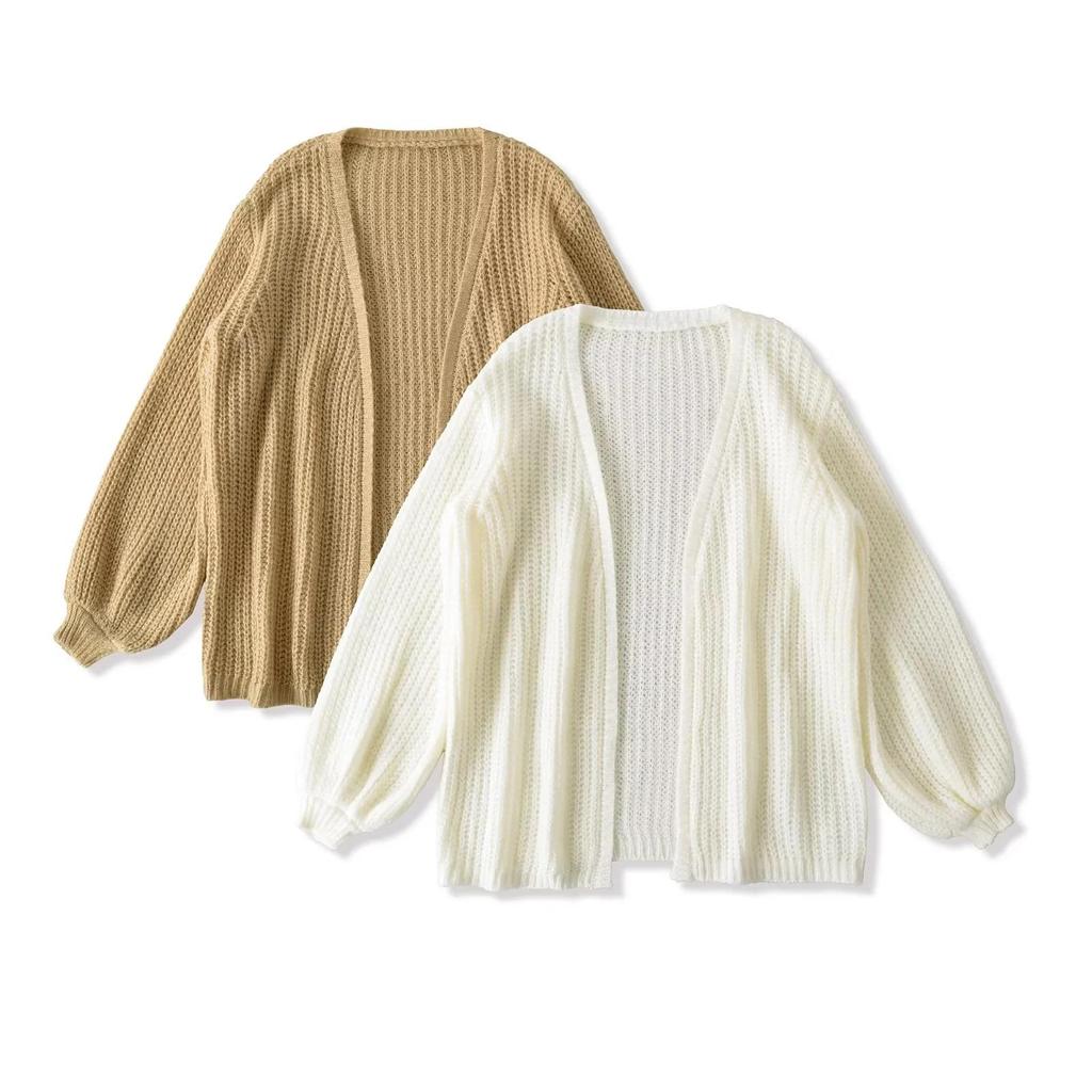 Solid Color Lantern Sleeve Knit Cardigan Jacket - Women's Autumn Loose Casual Style