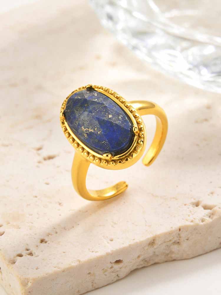 Natural Lapis Lazuli Ring Oval Blue Stone Stainless Steel Adjustable Open Ring Women Waterproof Handmade Jewelry