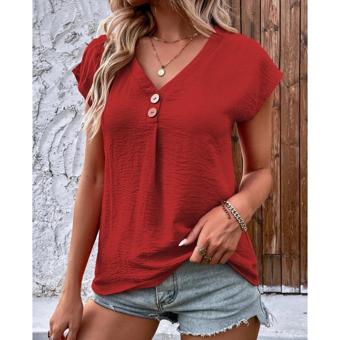 

Жіночі футболки Мода Літо Весна Повсякденні Однотонні з Принтом Короткий Рукав V-подібний Виріз Блузки та Сорочки L червоний