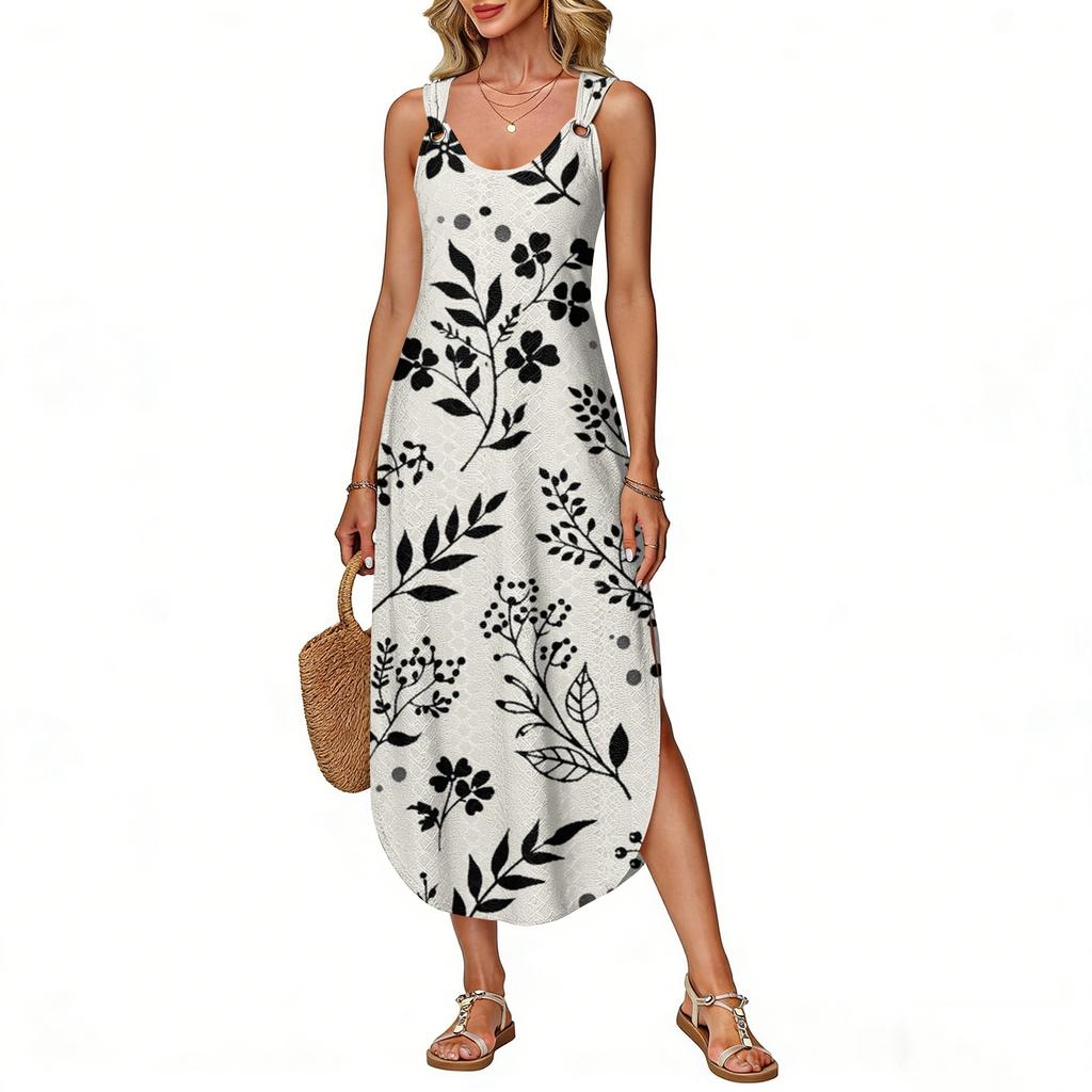 Damen Sommer Langes Kleid, Ärmellos Mit Seitenschlitzen, Langes Camisole-Kleid Mit Blumendruck