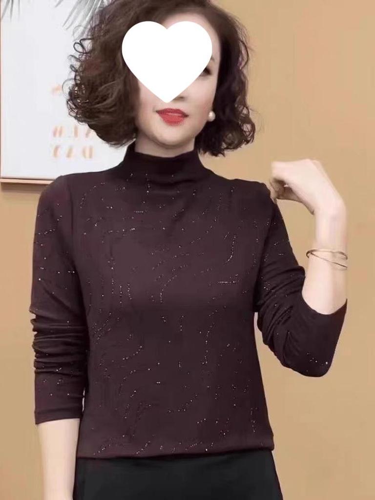 Autumn/Winter Heavy Drilling High Neck Long Sleeve Tummy Concealing Age-Reducing Top for Middle-Aged & Elderly Women